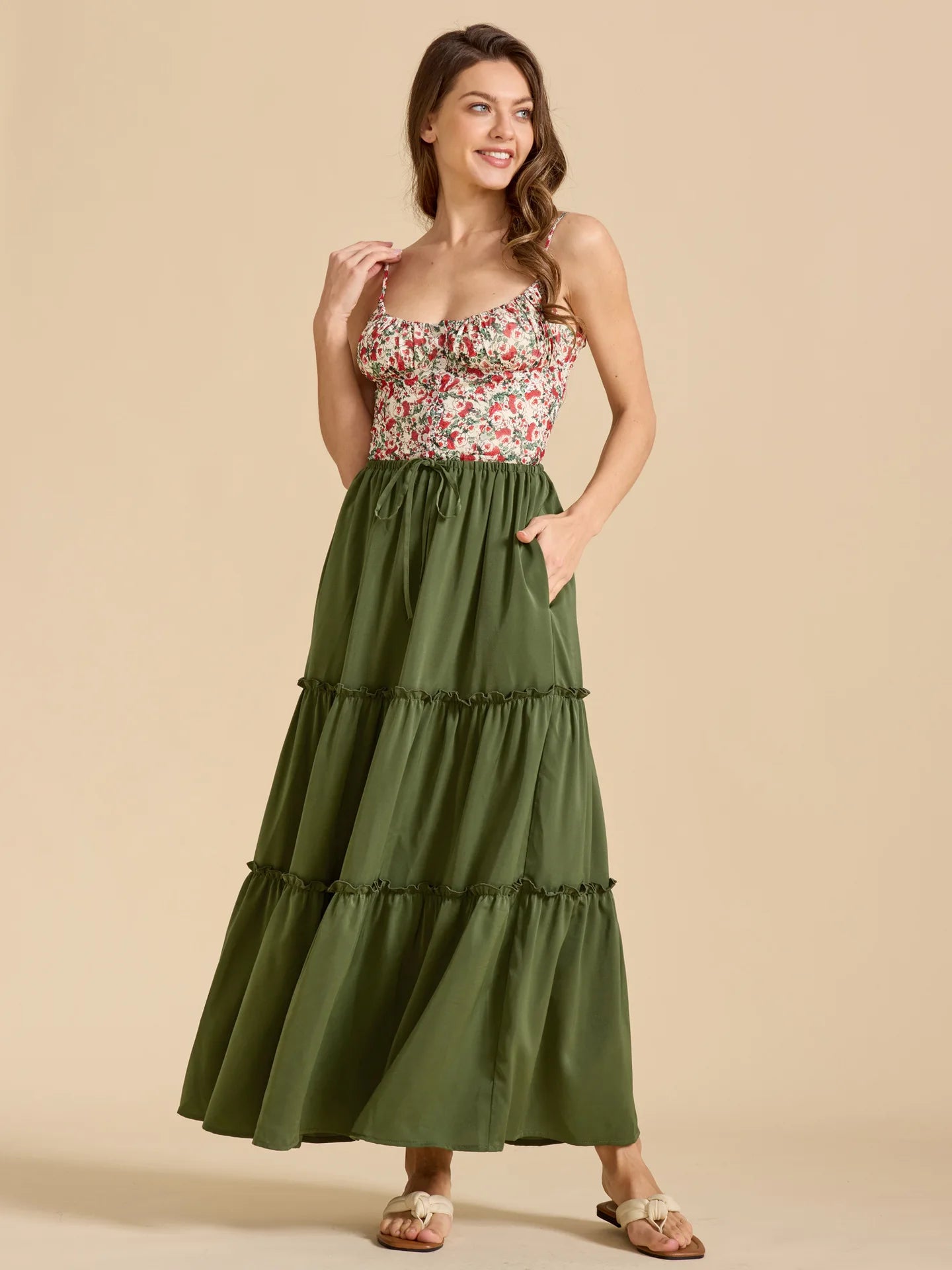 Elegant High Waist Elastic Pocket Long Skirt Adjustable Belted Half Body Skirt Women's Home Fashion Spring 2025 Polyester Blend