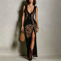 Women's Boho Paisley Print Maxi Dress Deep V-Neck Sleeveless Ruffle Trim High Slit Summer Vacation Resort Cocktail Dress