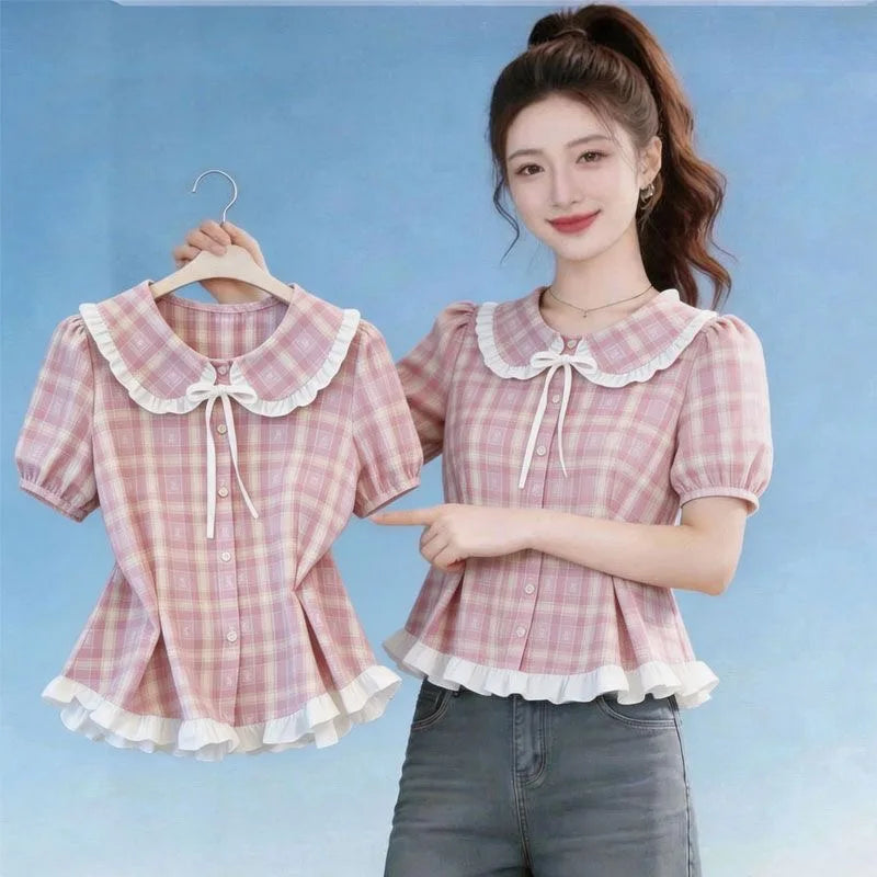 Sweet Style Pink Plaid Shirt Women's Summer Short Sleeve Waist Cinched Slimming Floral  Top Doll Collar Loose Fit Polyester