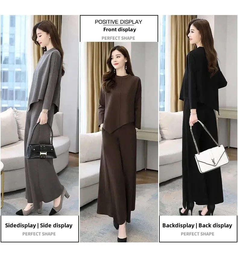 Spring Autumn Wide Leg Pants Set Women's Anti Aging Belly Cover Slimming Casual Elegant Skirt Pants Two Piece Set