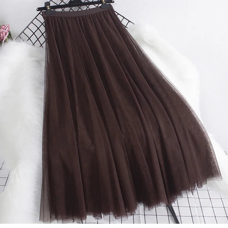 New large hem chiffon long skirt for women's Korean casual simple solid color three-layer A-line high waisted long skirt
