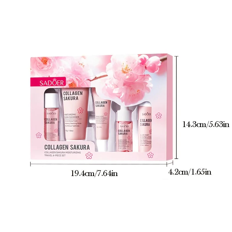 Collagen Sakura Moisturizing Travel 6-piece Set,Contain Cleanser, Toner, Lotion, Essence, Eye Cream, Face Cream, Facial Skincare