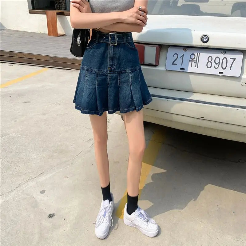 Spicy Girl Denim Half Skirt Women's Summer 2026 INS New Korean Retro High Waist Slim A-Line Pleated Short Skirt Trendy