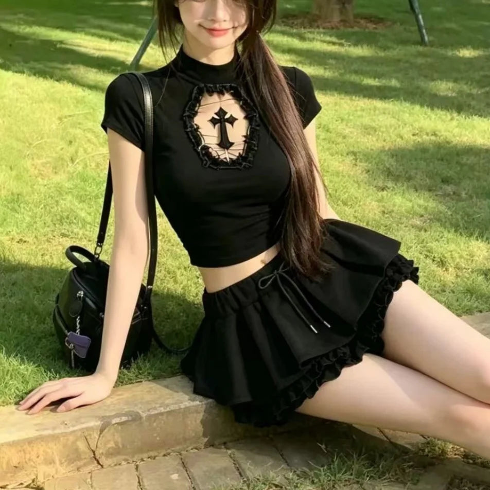 Y2K Gothic Basic T-shirt Women Cyber Punk Aesthetic Cross Mesh Patchwork See Through Crop Tops O-neck Short Sleeve Tee Slimming