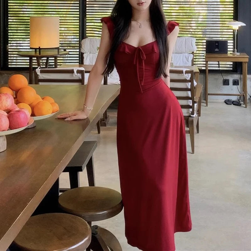 Lady Daily Holiday Leisure Satin Dress Female Gentle Aesthetic Long Bridal Dress Summer Women Party Backless Bandage Dresses