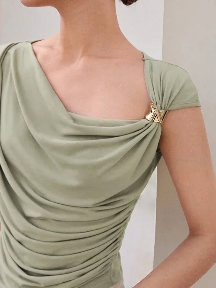 Irregular Metal Knots Tops Women Sexy Pleated Skinny High Stretch Solid Daily Casual Simple Streetwear Basic Tees