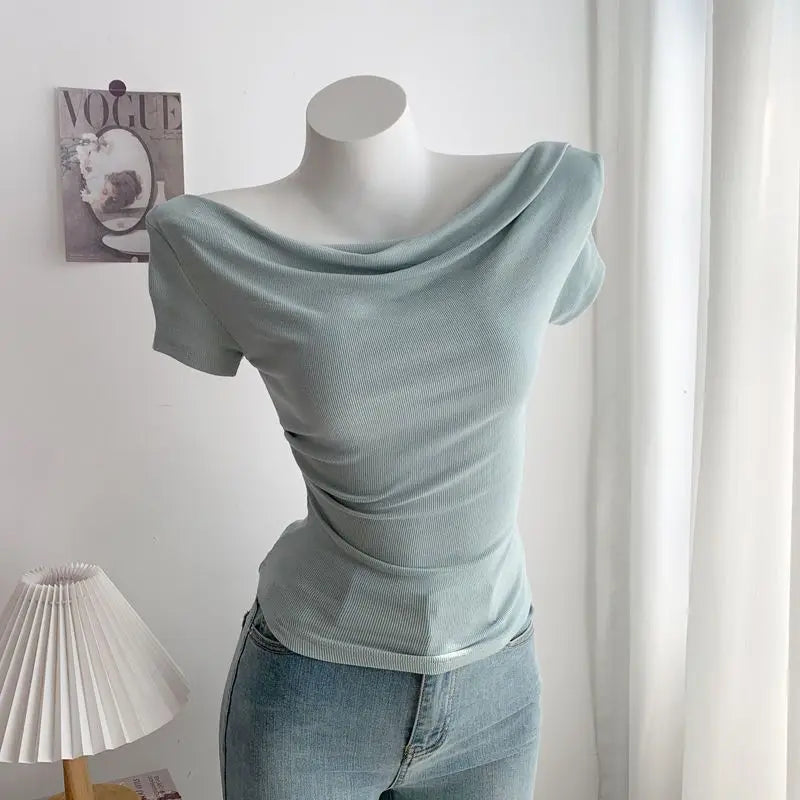 Summer Short Sleeve T-Shirt Shoulder Bared Open Neck Irregular Pleated Korean Style Slim Fit Pure Color Modal Fabric Ladies Top