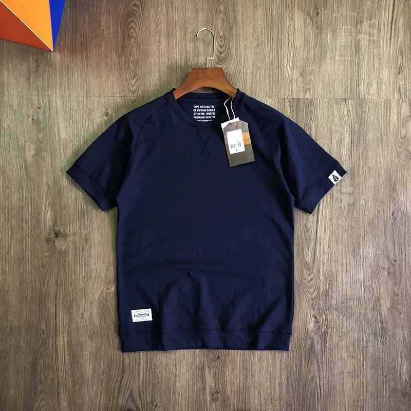 220gsm Heavyweight 100% Cotton Raglan Sleeve T-shirt Men's Short Sleeve Japanese Retro Loose Round Neck Summer T-shirt Tees Tops