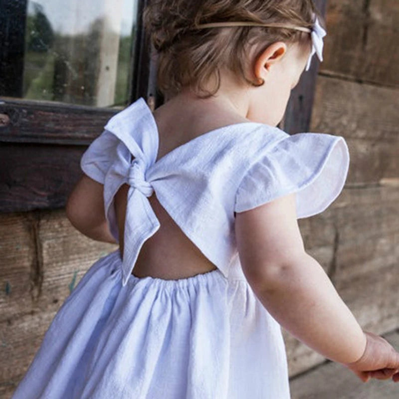Kids Tales Essentials Baby Girls Dress Flying Sleeve Ruffles Cotton Backless Linen Newborn Infant Princess Dress Party Dresses