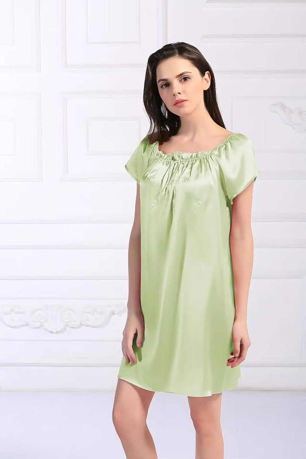 Women's 100% Mulberry Silk Sleep Dress Short Sleeve Summer Spring New Arrival Loose Solid Color Embroidered Doll Sleepwear
