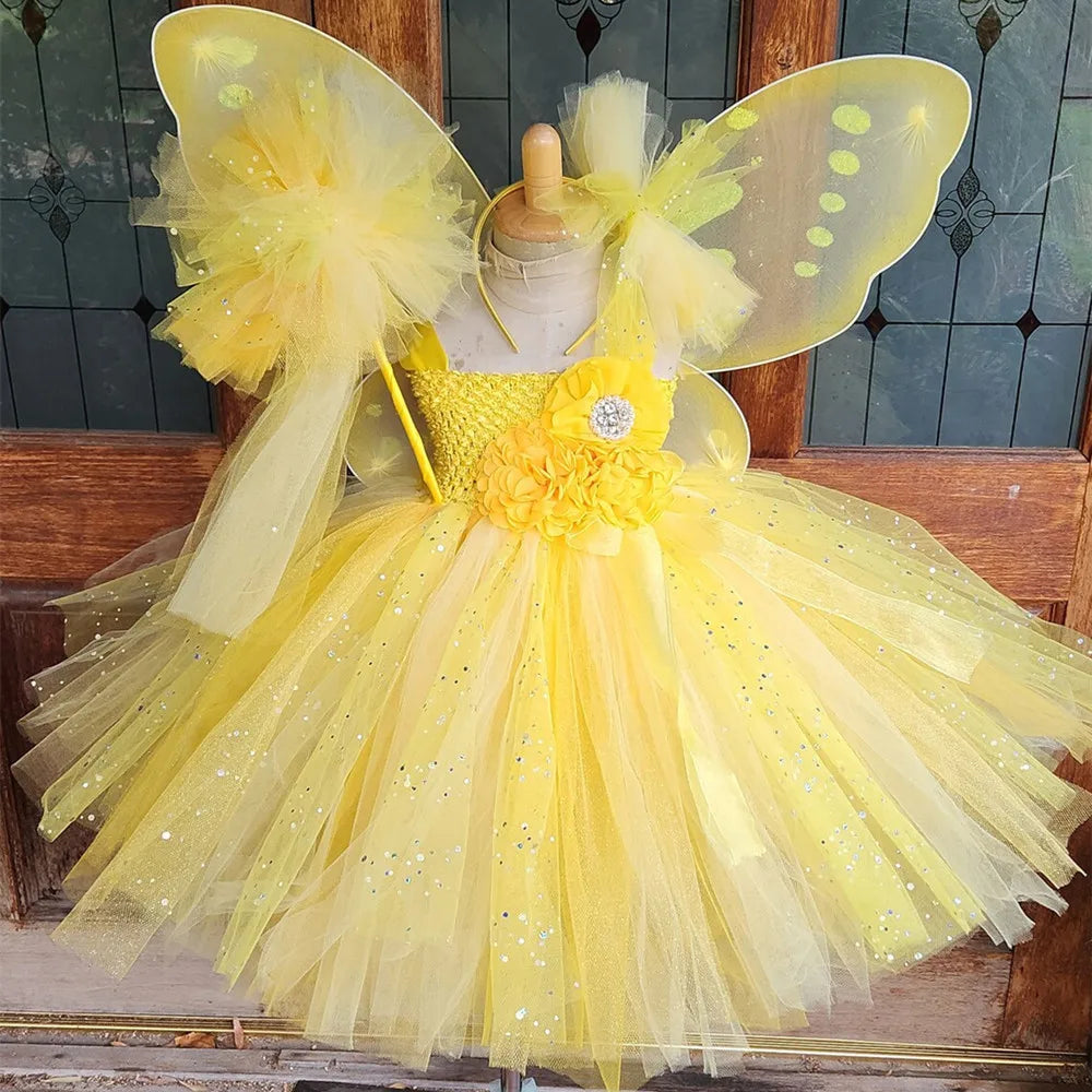 Girls Purple Glitter Dress Kids Flower Fairy Tutu Dresses with Butterfly Wing and Stick Hairbow Children Cosplay Party Costumes