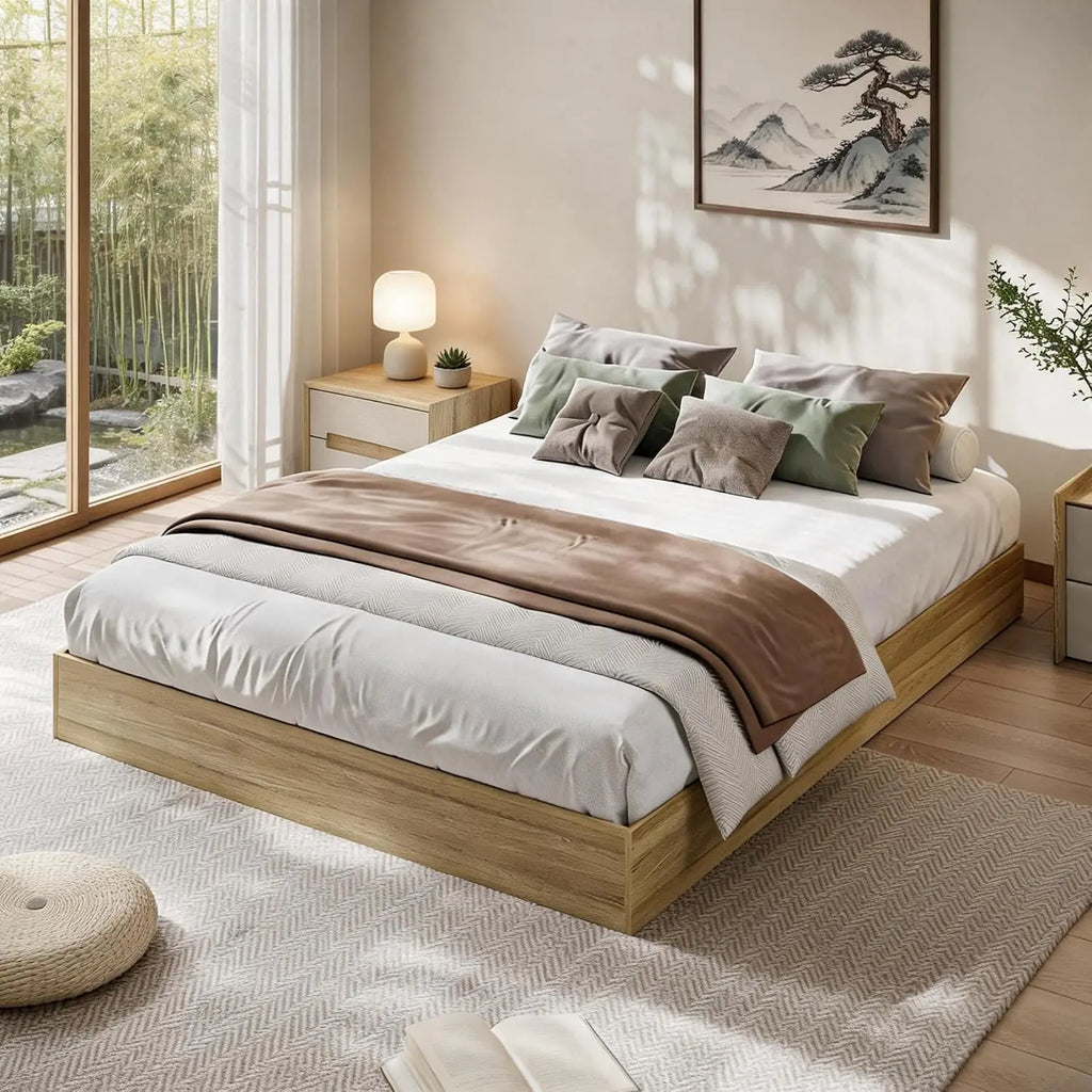 Garvee Living Room Bed Frame Easy Sturdy Assembly Bedroom Frames with Low Profile Design Eco-Friendly Bed Wood Slats Support Home Furniture Without Headboard