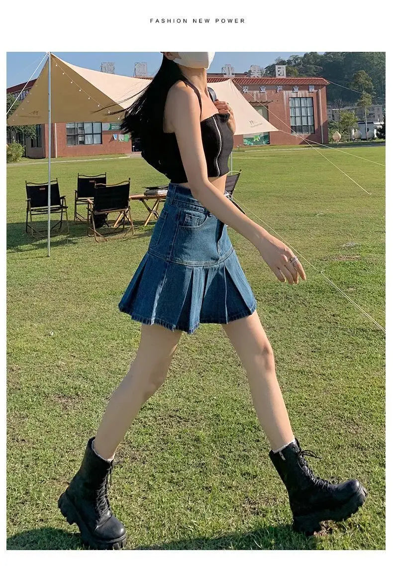 Retro American Blue Hot Girl Pleated Denim  Skirt Women's Summer New Pure Desire A-Line High Waist Short Skirt