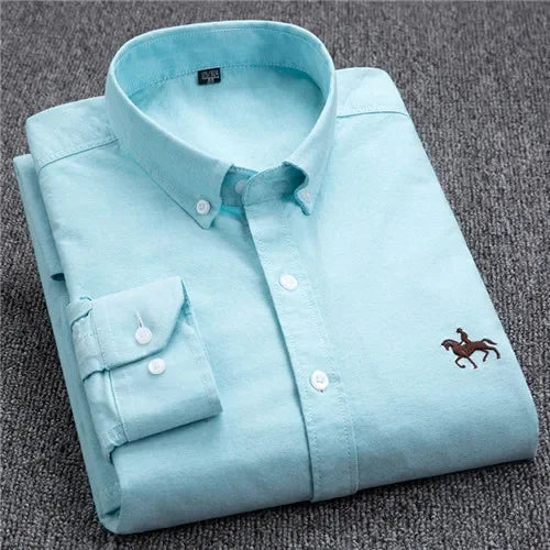 Premium Pure Cotton Oxford Shirt For Men Long Sleeve With Embroidered Horse Design Regular Fit White Dress Shirt