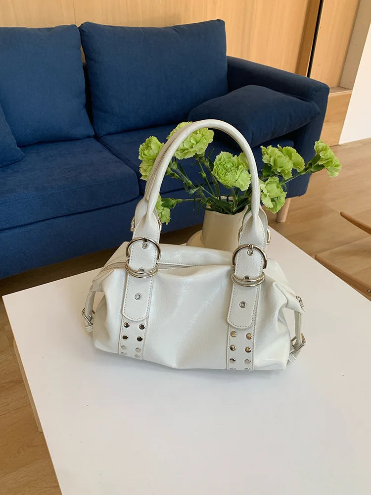 Fashion Rivet Women Shoulder Bag PU Leather Hot Girl Motorcycle Bag Bolsa Feminina Female Underarm Bag Ladies Big Handbag Black