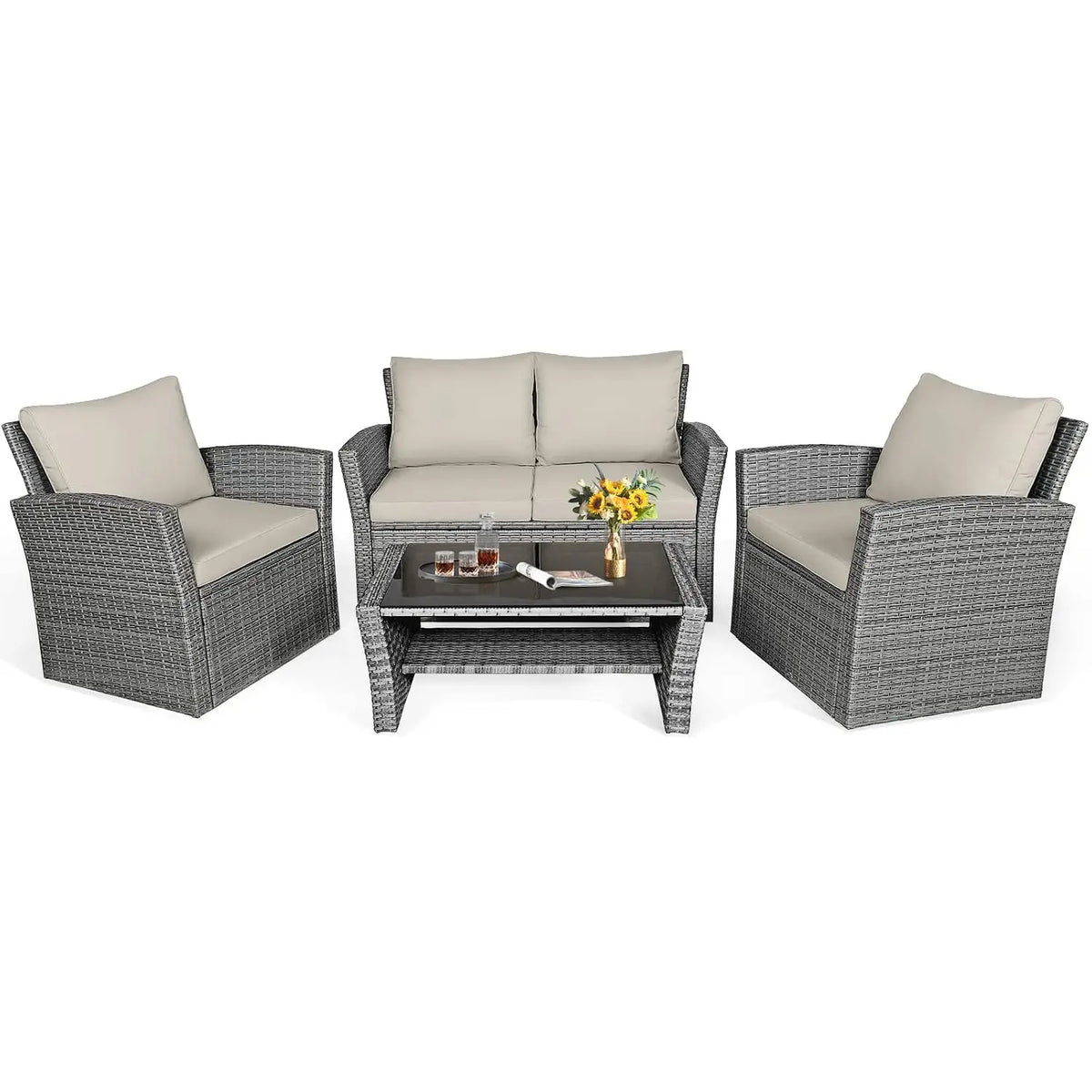 4-Piece Outdoor Rattan Patio Furniture Set with Cushions & Table