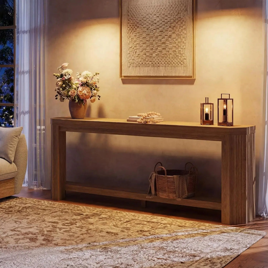 70" Console Table, Narrow Long Sofa Table with Open Storage, Easy Assembly for Entryway & Living Room, Light Brown, Customized