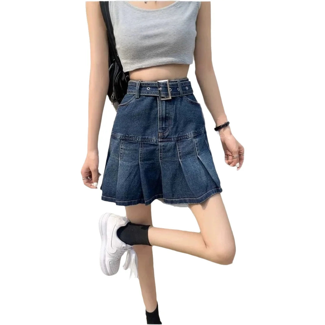 Spicy Girl Denim Half Skirt Women's Summer 2026 INS New Korean Retro High Waist Slim A-Line Pleated Short Skirt Trendy