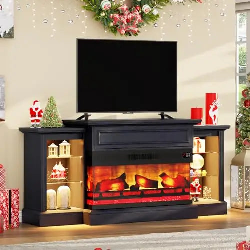 60" Farmhouse Fireplace TV Stand with 28" Electric Fireplace | 3-Sided TV Cabinet with Mantel, for TVs up to 65 Inch