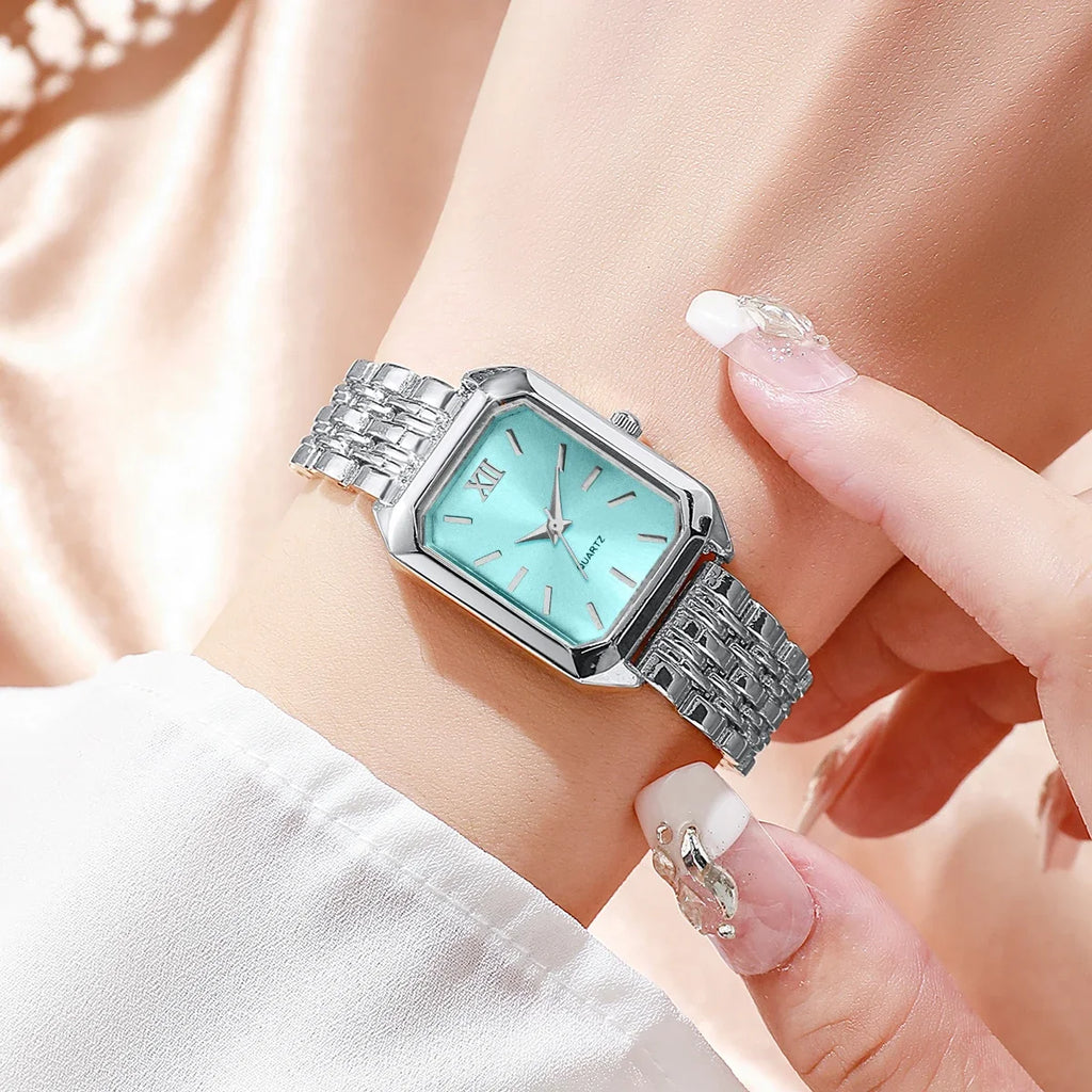 2PCS/Set Fashion Rectangle Women Quartz Watch Ladies Roma Dial Wristwatches Rhinestone Bracelet Set Reloj Mujer Girls Clock Gift