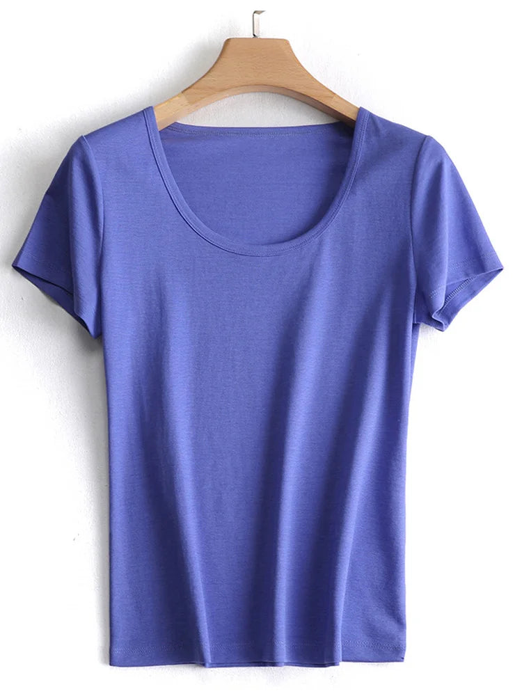 SuyaDream Women's Silk Acetate Blend Knit T-Shirt - Square Collar