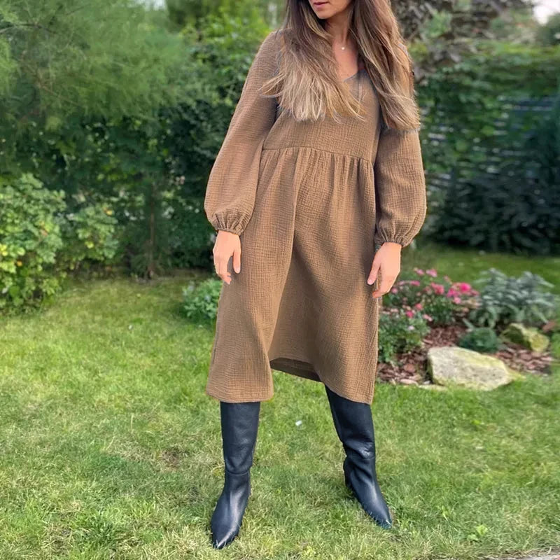 Casual 100% Cotton Women'S Dresses Muslin Sexy V-Neck Long Sleeve Elegant Maxi Dress Midi Robe Female Clothing
