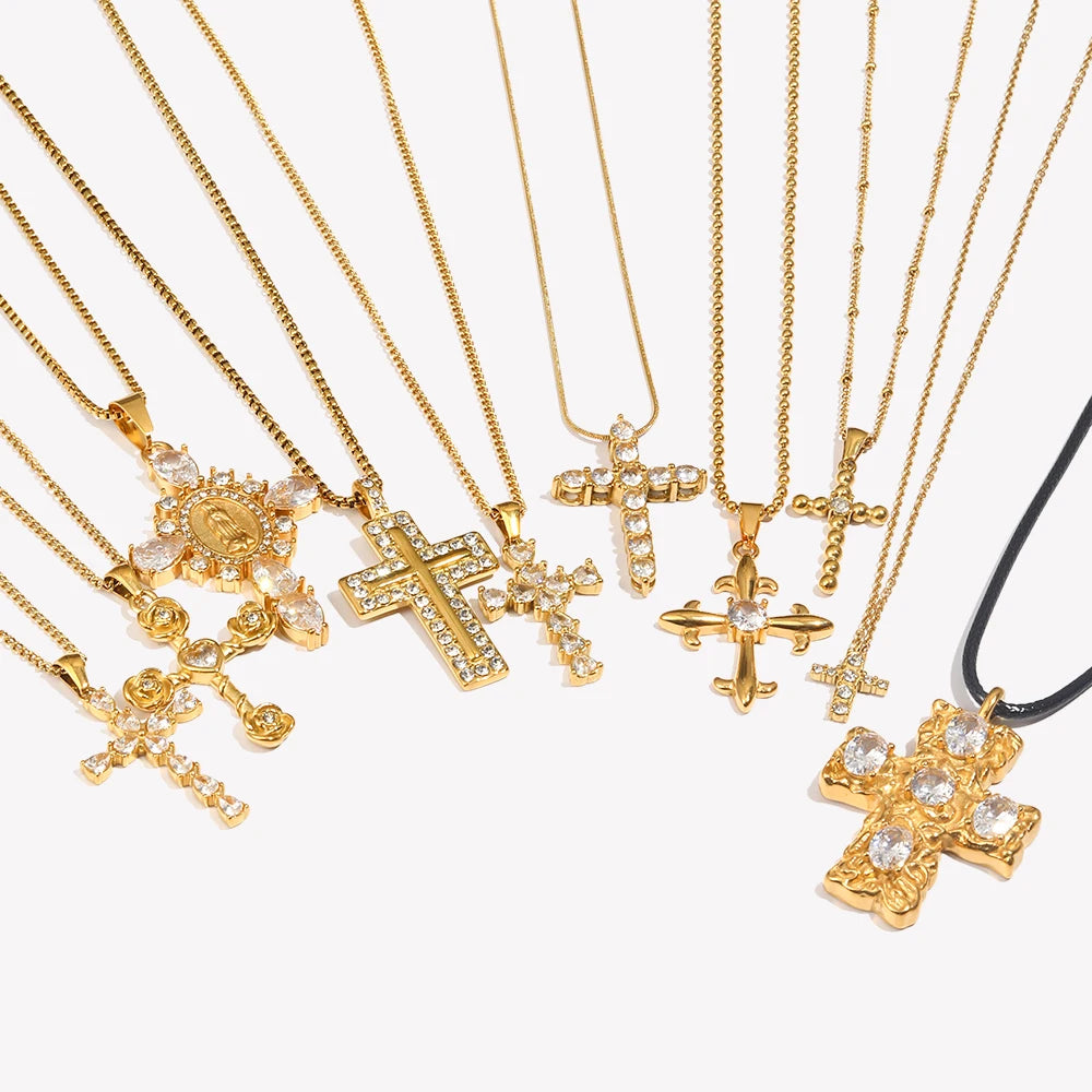 E.B.Belle Fashion Style Luxury Clear Zircon Cross Series Pendant Necklace 18K Gold Plated Stainless Steel Women'S Jewelry