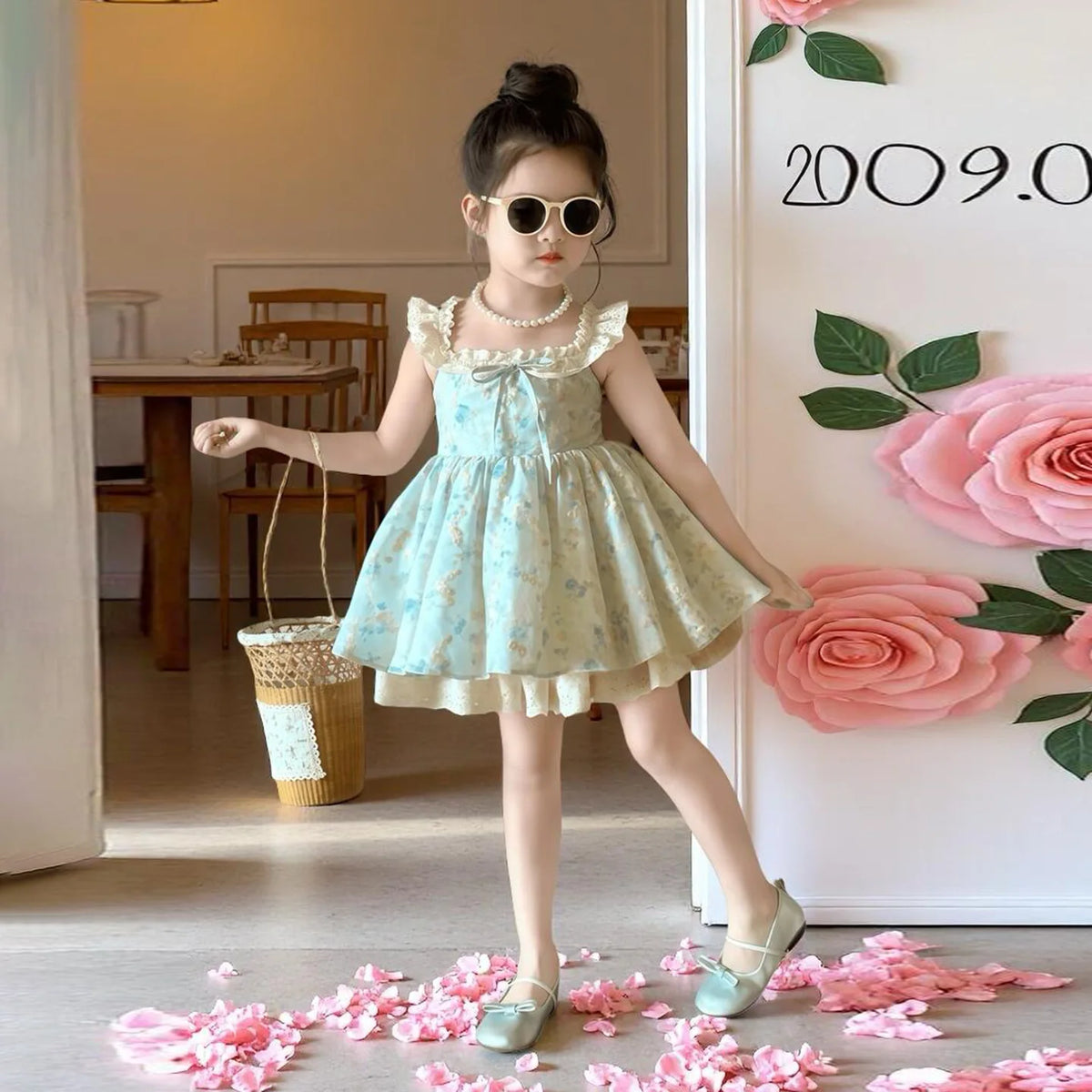 Girls' New Summer Korean Style Floral Print Sweet Princess Dress with Small Flutter Sleeves and Lace