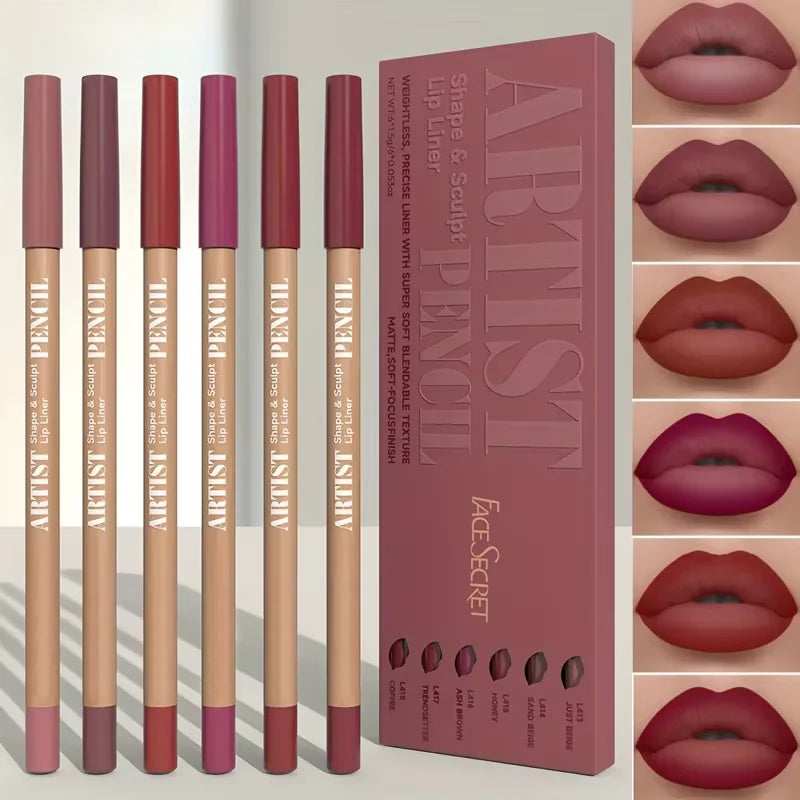 6pcs Velvet Matte Lip Liner Pencil Set - Long-Lasting Waterproof
