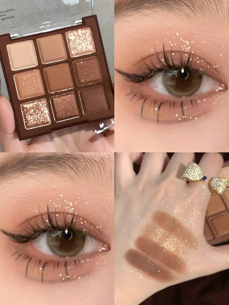 9 Colors Glitter Eyeshadow Palette Chocolate Brown Shimmer Matte Acrylic Eye Shadows Palette Waterproof Korean Makeup Cosmetics