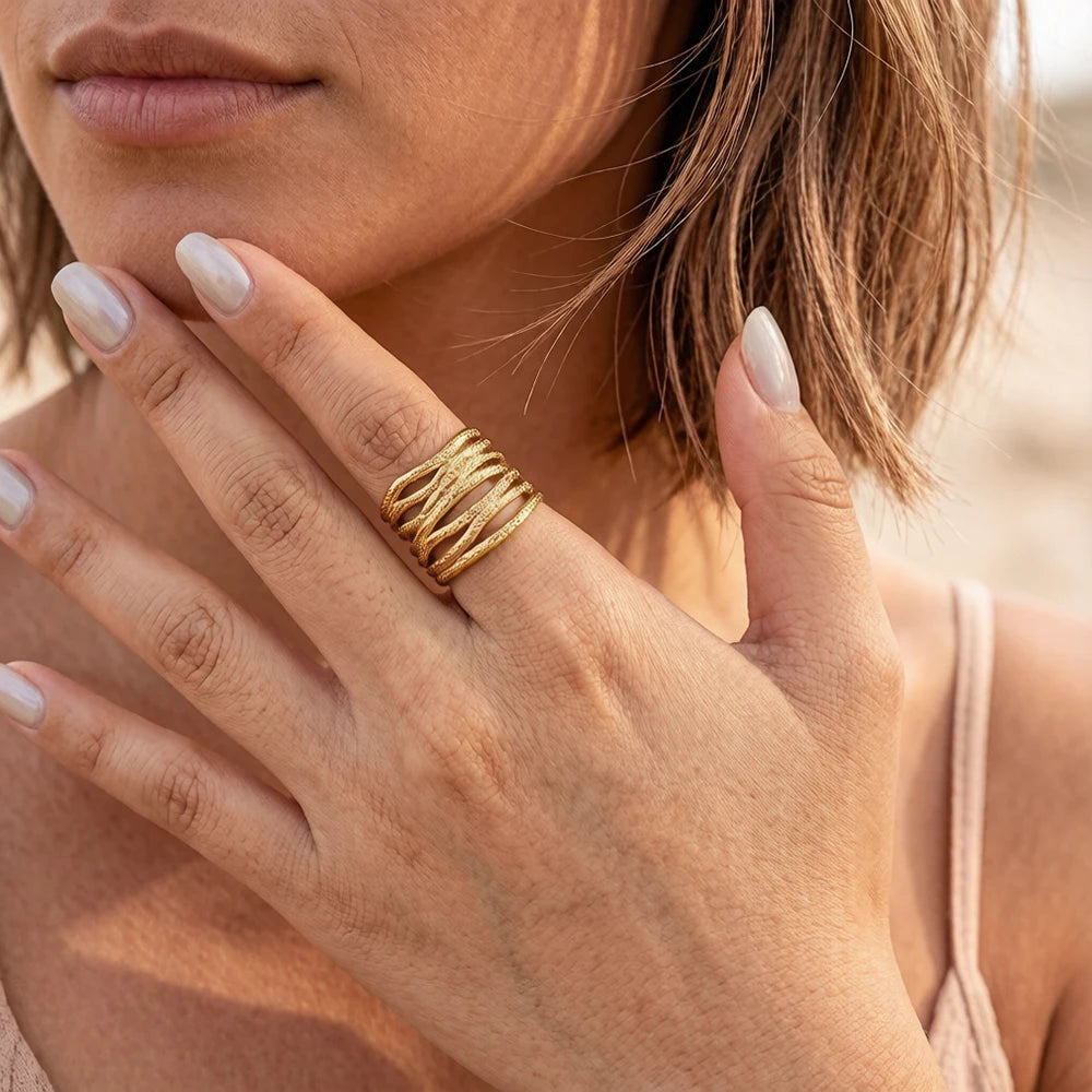 WILD & FREE Irregular Hammered Texture Stainless Steel Ring for Women Vintage 18K Gold Plated Waterproof Trendy Jewelry