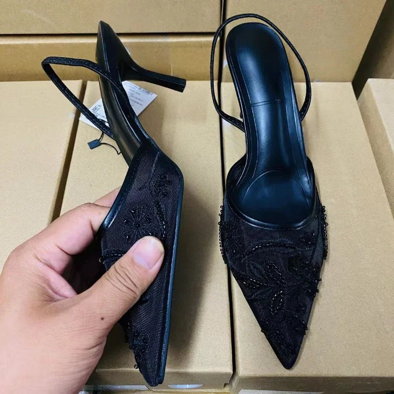 Ladies Flower Mesh Open Heel Sandals Shoes Sexy Designer High Heel Pointed Toe Stiletto Pumps Mules  women sandals