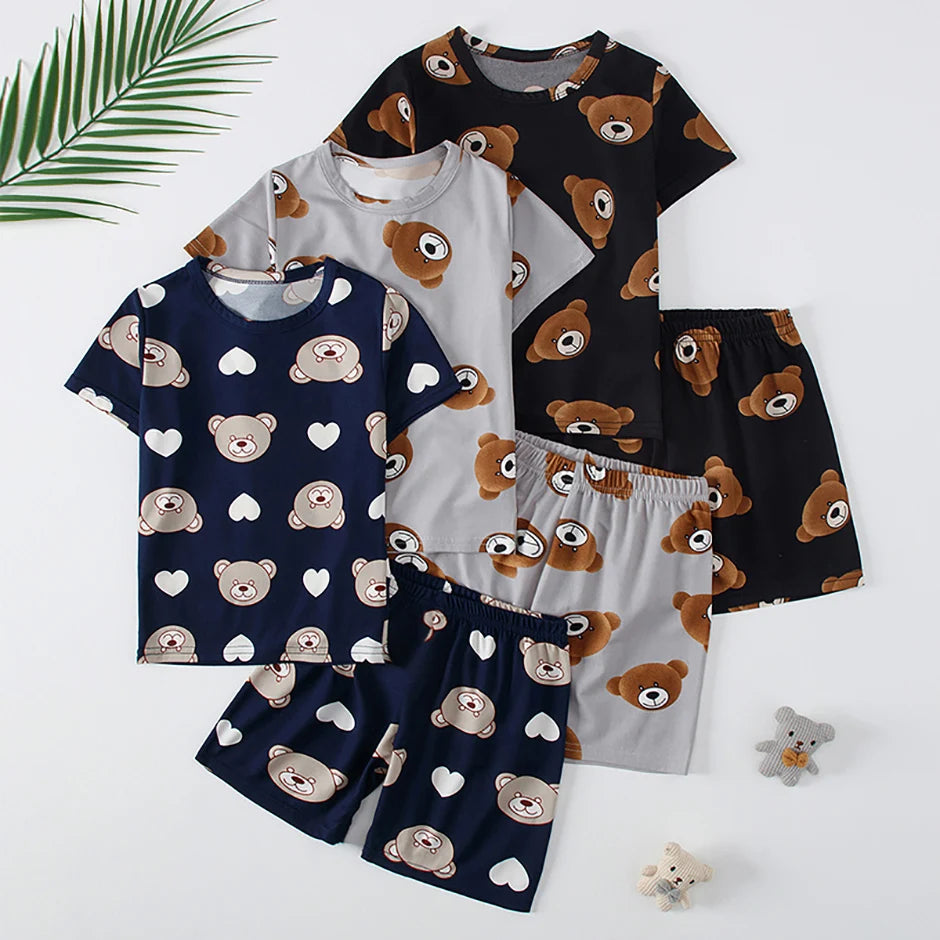Children's Bear Print 2-Piece Short Sleeve Shorts Set - Unisex