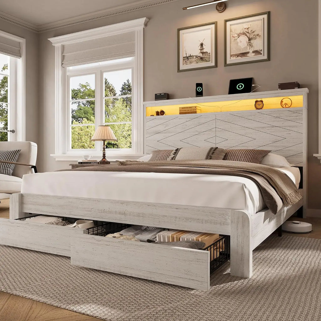 Queen Wooden Platform Bed with Headboard, 2 Drawers, LED Light, USB Charging, Easy Assembly, No Box Spring, Customized