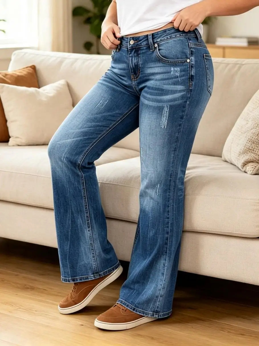 【HME】Jeans | Stretchy Medium Wash Denim Pants For Ladies, Figure-Flattering Bootcut Flare Denim Jeans With Subtle Distressed Details, All-Day Comfort Fabric, Versatile Casual Pants For Shopping, Work And Leisure Occasions