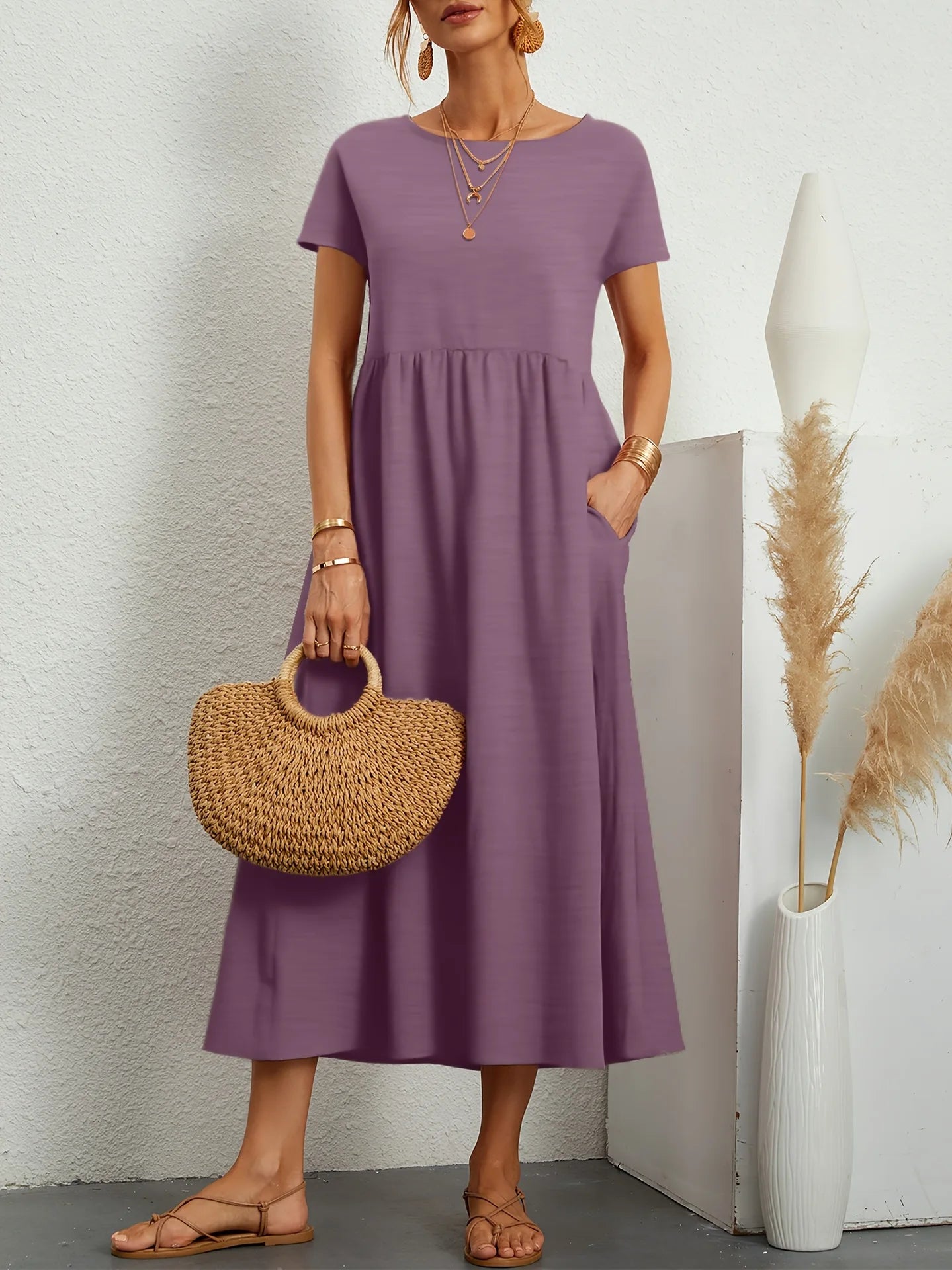 Casual Long Ice Silk round Neck Short Sleeve Dress Pure Color A-Line Skirt Comfortable Elastic Waist Elegant Commute Style