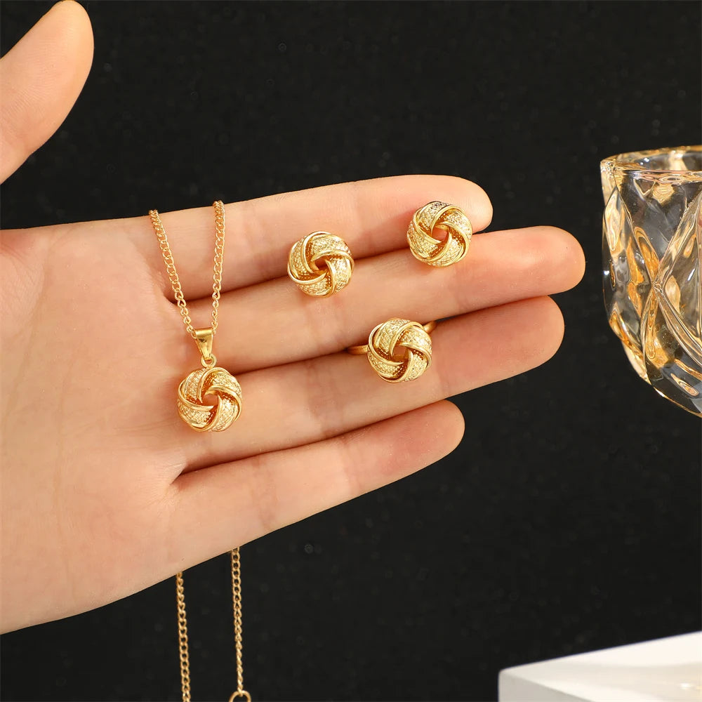 Gold Color Alloy Metal Twist Lucky Knot Earrings Necklace Ring Jewelry Set For Women'S Girls Trendy Geometric Vintage Accesories