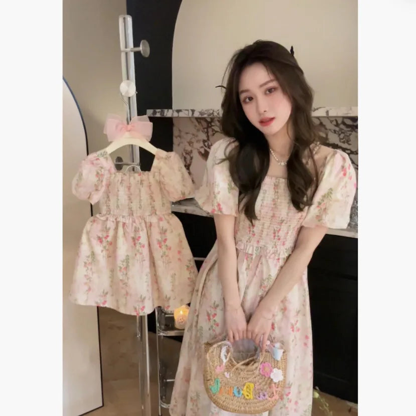 Parent-child Clothing Floral Dress Sweet Cute Children's Clothing Skirt Mother Same Mother-daughter Clothing Bubble Sleeve Skirt