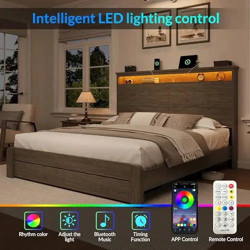King Size Wooden Platform Bed Frame with Headboard,Brown | 2 Storage Drawers, LED Lights & Charging Station, Easy