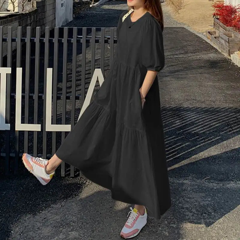 2026 Fashion Puff Short Sleeve Dress for Women Summer Solid Casual Sundress Comfort Cotton Maxi Dress Modest Robe Vestidos Femme