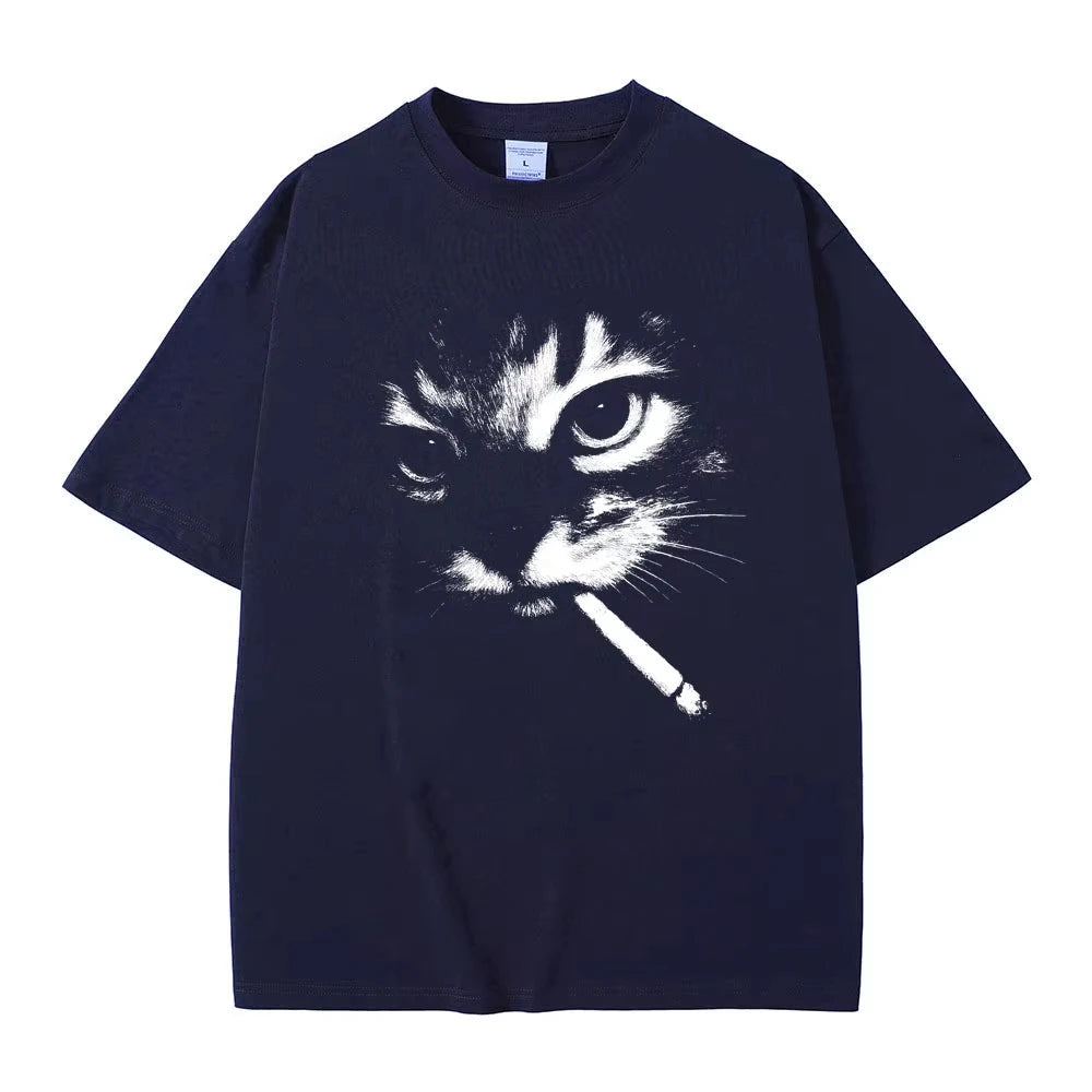 Funny Meme Smoking Cat Face Graphic T-Shirts Men Women'S Casual Cotton Vintage T Shirts Men'S Oversized T-Shirts Cats Lovers Gifts
