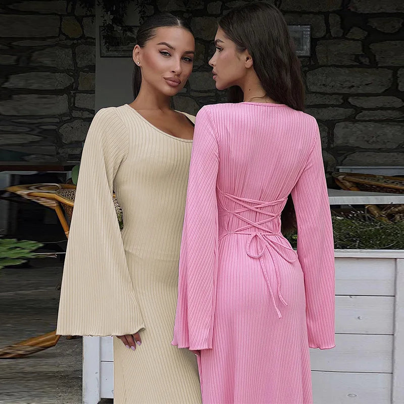 Women's Flare Sleeve Maxi Dress – Slim Fit Lace-Up Floor-Length Gown