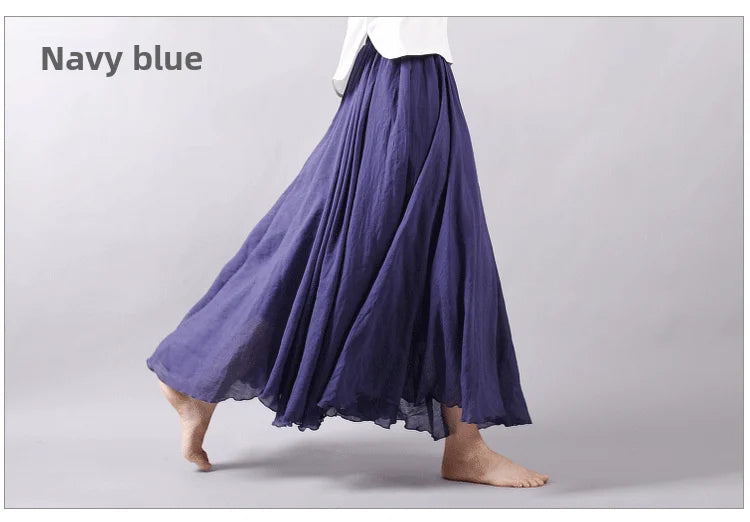 New In 2026 Spring Summer Woman Cotton Linen Midi Skirt Solid Color Loose Flared Pleated A-line Skirt Female Sweet Elegant Skirt