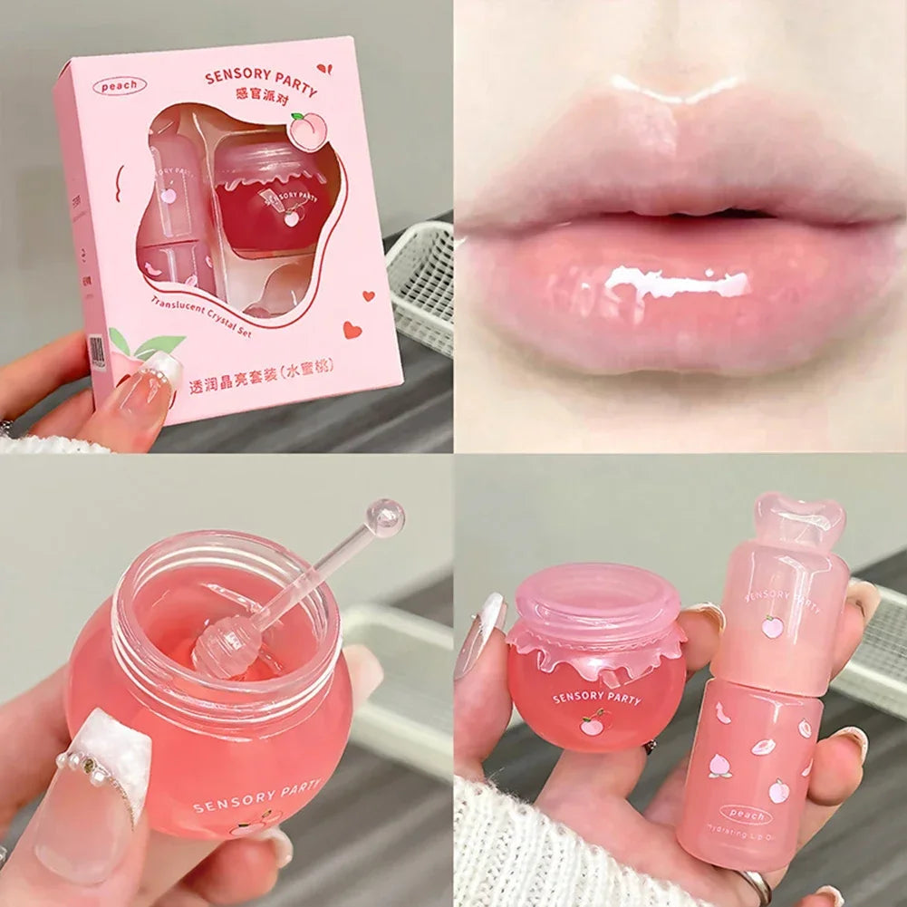 Blueberry Peach Lip Balm & Lip Gloss Set Light Hydrating Formula Relieve Dry Lips Remove Dead Skin Soothing Tender Lip Care