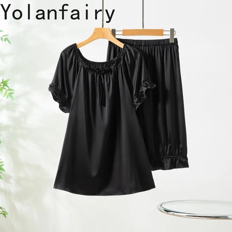 YOLANFAIRY 93% Real Mulberry Silk Pajamas for Woman 2026 Spring Summer High-end Sets Woman 2 Piece Short Sleeve Pijamas De Mujer