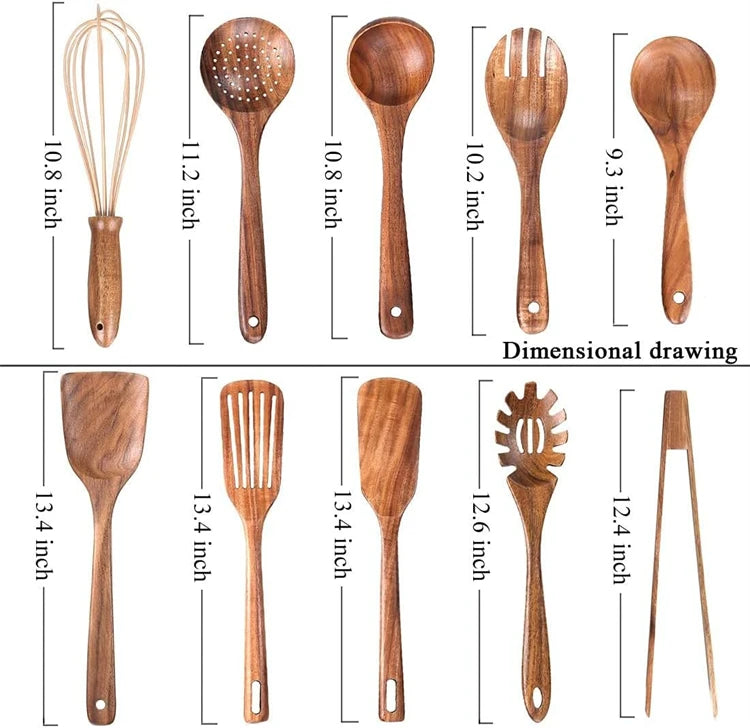 LMETJMA 10 Unidades de Utensilios de Cocina de Madera de Teca Natural, Juego de Cucharas y Espátulas de Madera para Cocinar y Hornear JT503