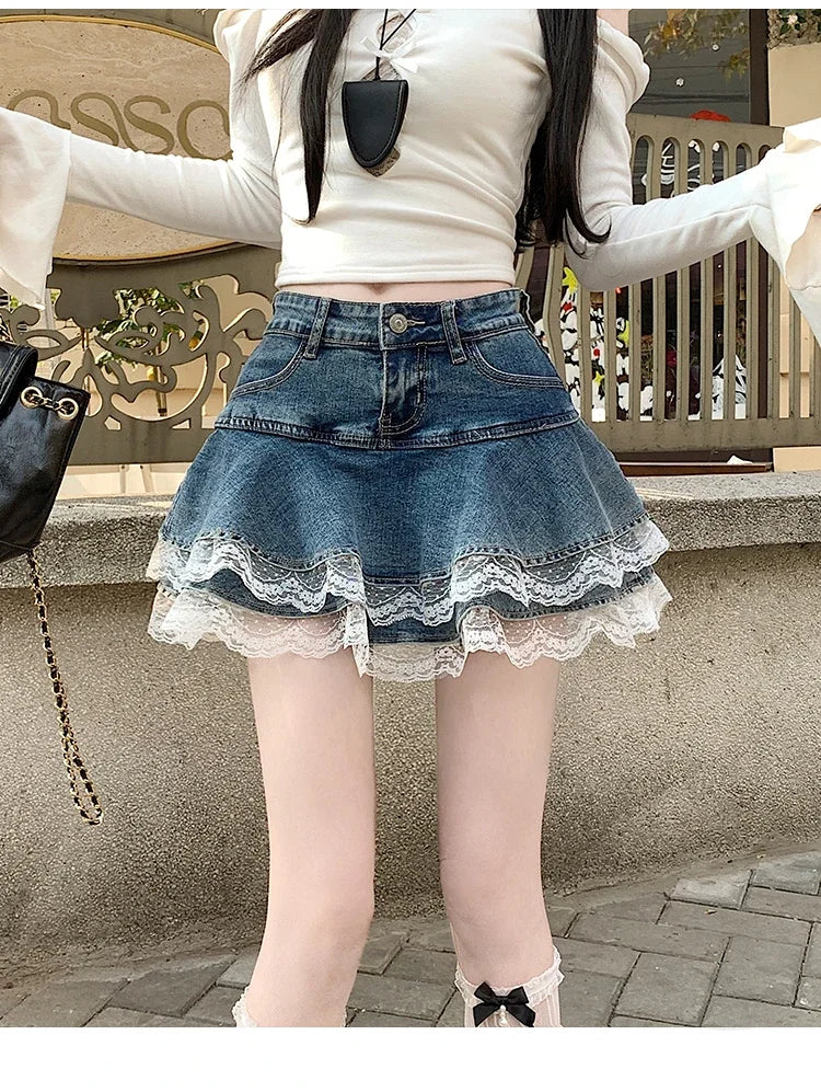 Summer Denim Skirt Women Fashion Streetwear Ruffles Kawaii Lace Skirts Shorts Preppy Mini Y2K School Pleated Jeans Skirt 2026
