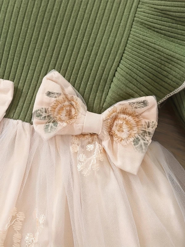 "Girls' Forest-Style Knit Dress | Olive Green Ribbed Top with Tulle Skirt - 3D Bows & Embroidered Floral Princess Dress"