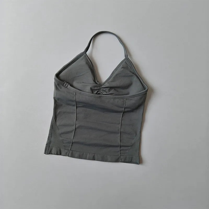Longline Strappy Seamless Yoga Tank Top Ruched Backless Gym Workout Sleeveless Shirts with Built-in Bra Vest for Women