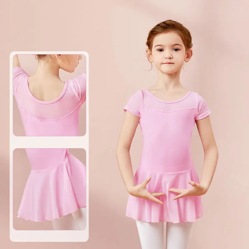 Girls Ballet Leotard Dress – Mesh Splice Short Sleeve Chiffon Skirted Dance Costume